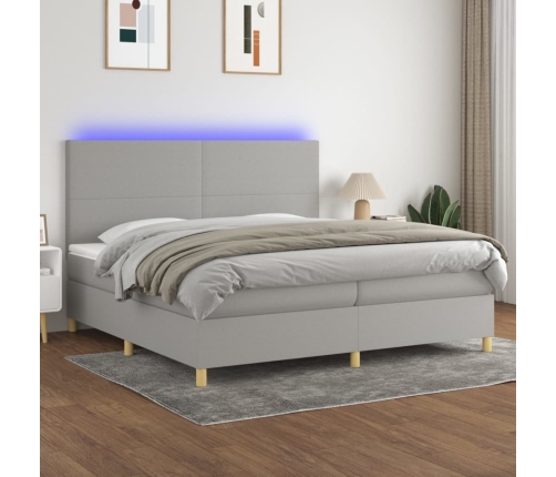 Cama box spring con colchón tela y LED gris claro 200x200 cm