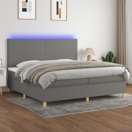 Cama box spring colchón y luces LED tela gris claro 200x200 cm