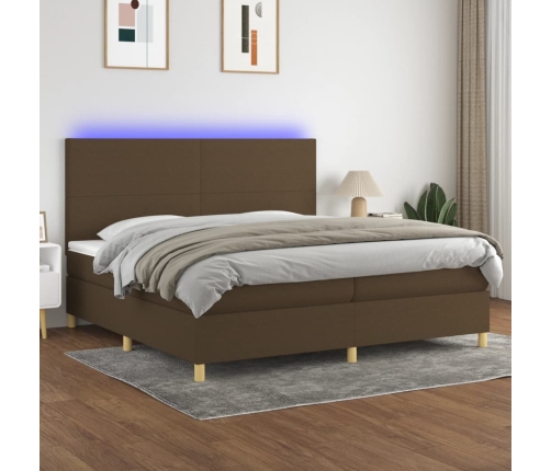 Cama box spring colchón luces LED tela marrón oscuro 200x200 cm