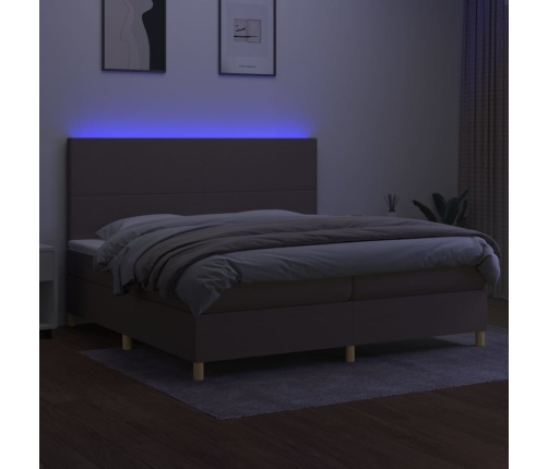 Cama box spring colchón y luces LED tela gris taupe 200x200 cm