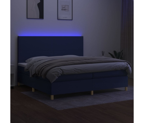 Cama box spring colchón y luces LED tela azul 200x200 cm