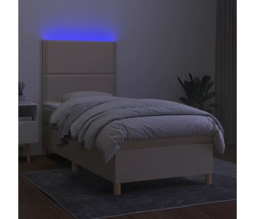 Cama box spring colchón y luces LED tela crema 80x200 cm