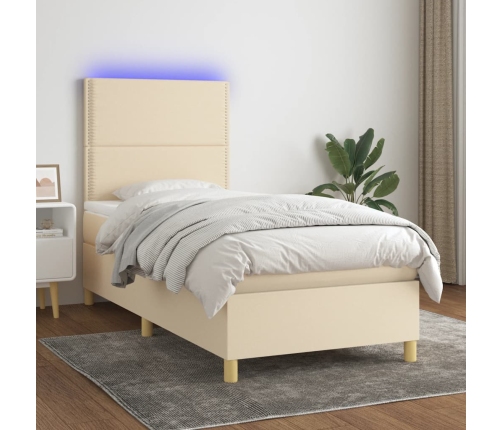 Cama box spring colchón y luces LED tela crema 80x200 cm