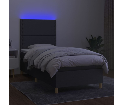 Cama box spring colchón y luces LED tela gris oscuro 90x190 cm