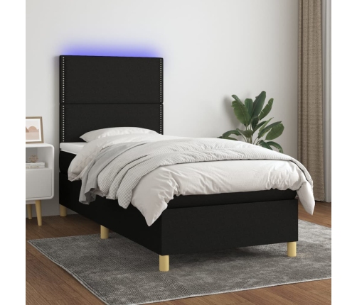 Cama box spring colchón y luces LED tela negro 90x190 cm