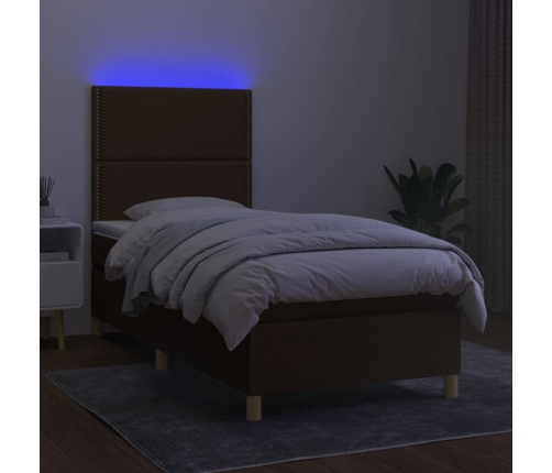 Cama box spring colchón y luces LED tela marrón oscuro 90x190cm