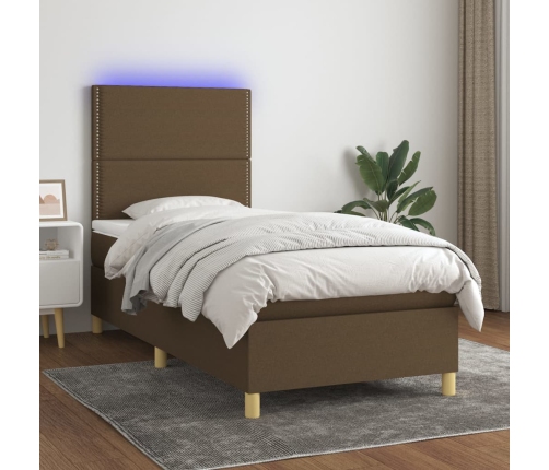 Cama box spring colchón y luces LED tela marrón oscuro 90x190cm