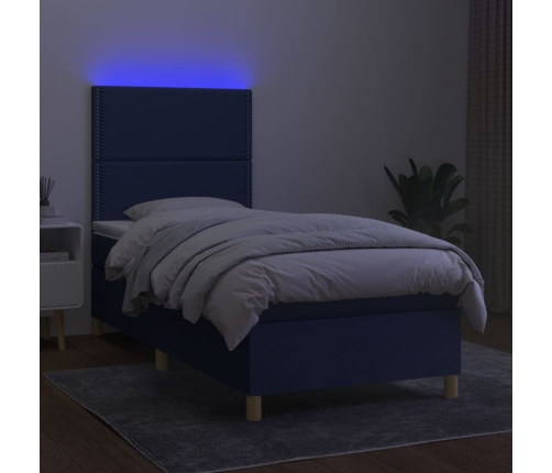 Cama box spring colchón y luces LED tela azul 90x190 cm