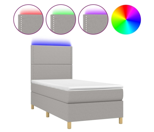 Cama box spring colchón y luces LED tela gris claro 90x200 cm