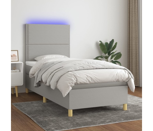 Cama box spring colchón y luces LED tela gris claro 90x200 cm