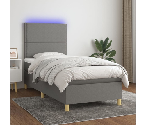 Cama box spring colchón y luces LED tela gris oscuro 90x200 cm