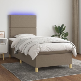 Cama box spring colchón y luces LED tela gris taupe 100x200 cm