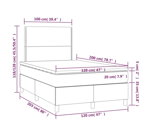 Cama box spring con colchón y LED tela crema 120x200 cm