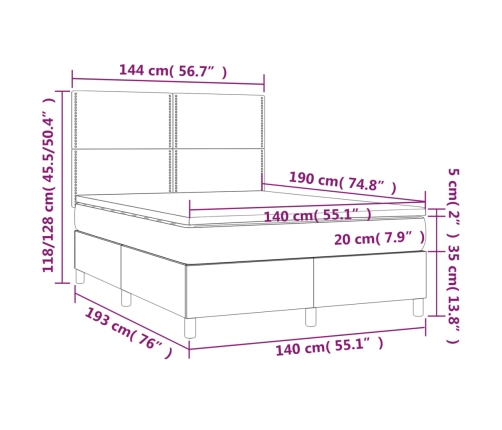 Cama box spring colchón y luces LED tela gris claro 140x190 cm