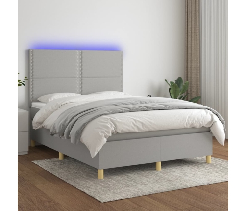 Cama box spring colchón y luces LED tela gris claro 140x190 cm