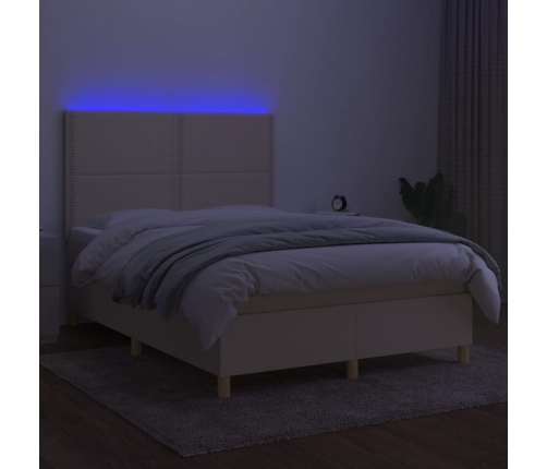 Cama box spring colchón y luces LED tela crema 140x190 cm