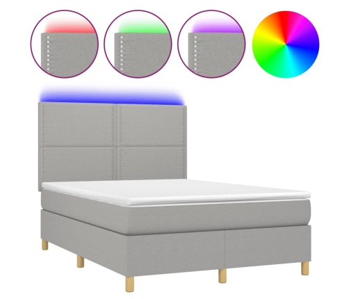 Cama box spring colchón y luces LED tela gris claro 140x200 cm