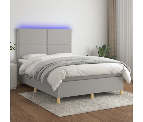 Cama box spring colchón y luces LED tela gris claro 140x200 cm