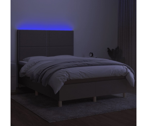 Cama box spring colchón y luces LED tela gris taupe 140x200 cm