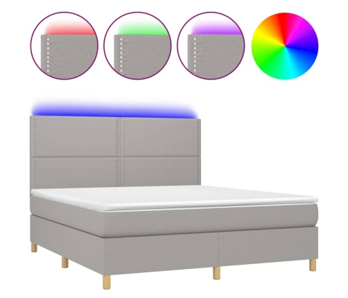 Cama box spring colchón y luces LED tela gris claro 160x200 cm