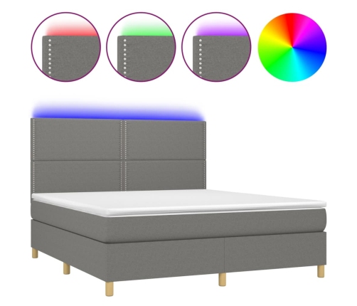 Cama box spring colchón y luces LED tela gris oscuro 160x200 cm