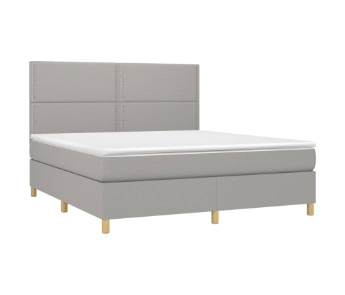 Cama box spring colchón y luces LED tela gris claro 180x200 cm