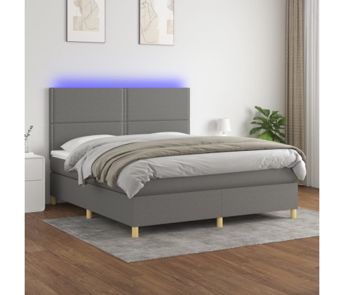 Cama box spring colchón y luces LED tela gris oscuro 180x200 cm