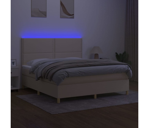 Cama box spring colchón y luces LED tela crema 180x200 cm