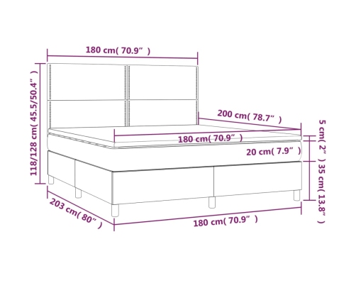 Cama box spring colchón y luces LED tela crema 180x200 cm