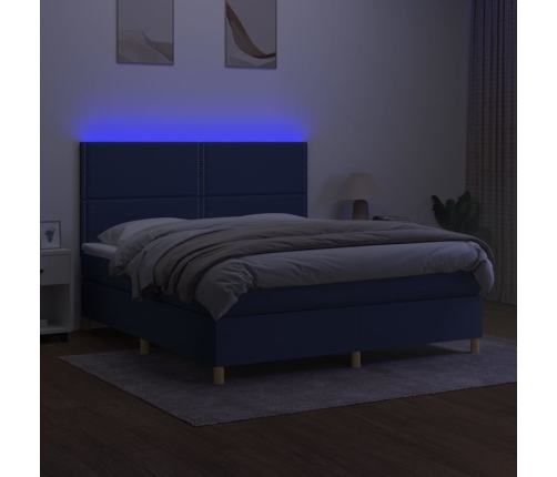 Cama box spring colchón y luces LED tela azul 180x200 cm