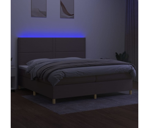 Cama box spring colchón y luces LED tela gris taupe 200x200 cm