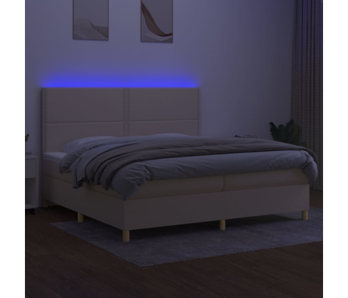 Cama box spring colchón y luces LED tela crema 200x200 cm