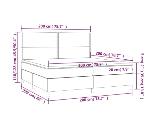 Cama box spring colchón y luces LED tela crema 200x200 cm