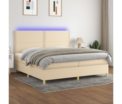 Cama box spring colchón y luces LED tela crema 200x200 cm