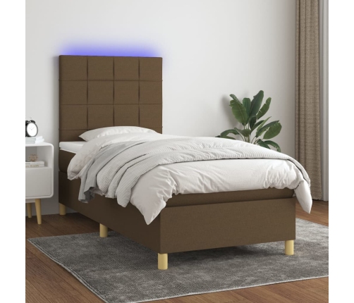 Cama box spring colchón y luces LED tela marrón oscuro 80x200cm