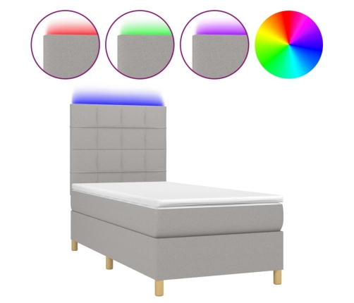 vidaXL Cama box spring colchón y luces LED tela gris claro 90x190 cm