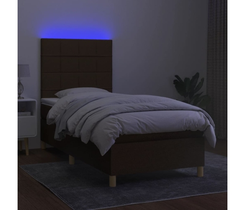 Cama box spring colchón y luces LED tela marrón oscuro 90x190cm