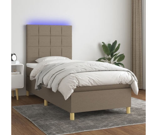 Cama box spring colchón y luces LED tela gris taupe 90x190 cm