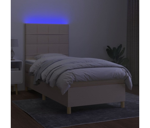 Cama box spring colchón y luces LED tela color crema 90x190 cm