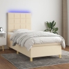 Cama box spring colchón y luces LED tela color crema 90x190 cm