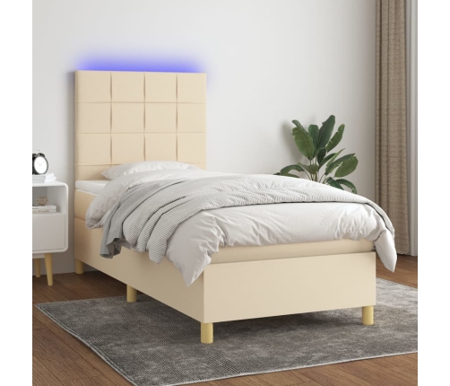 Cama box spring colchón y luces LED tela color crema 90x190 cm