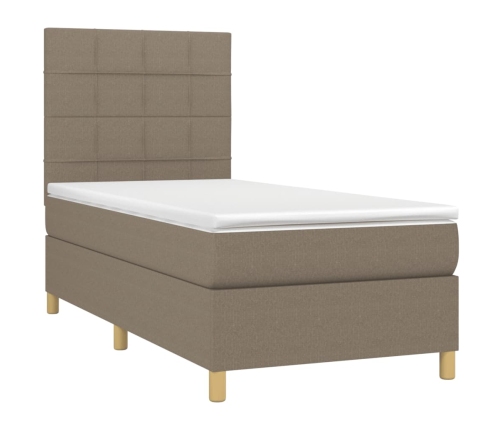 Cama box spring colchón y luces LED tela gris taupe 90x200 cm