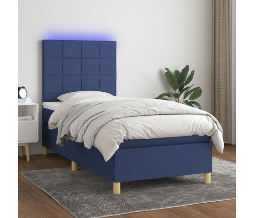 Cama box spring colchón y luces LED tela azul 90x200 cm