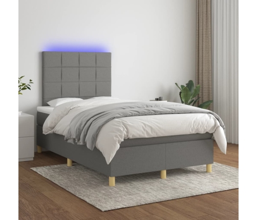 Cama box spring con colchón y LED tela gris oscuro 120x200 cm