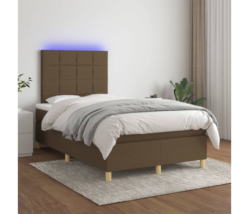 vidaXL Cama box spring con colchón y LED tela marrón oscuro 120x200 cm