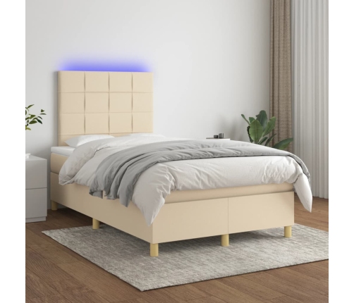 Cama box spring con colchón y LED tela crema 120x200 cm