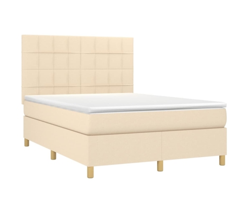 Cama box spring colchón y luces LED tela crema 140x190 cm