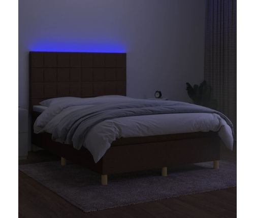 Cama box spring colchón luces LED tela marrón oscuro 140x200cm