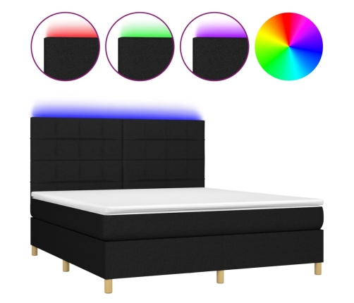 Cama box spring colchón y luces LED tela negro 160x200 cm