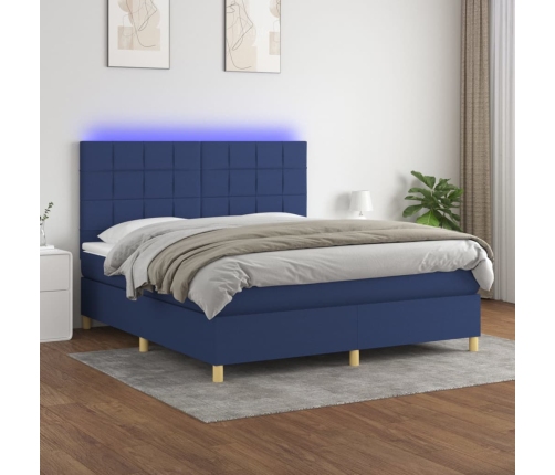 Cama box spring colchón y luces LED tela azul 160x200 cm